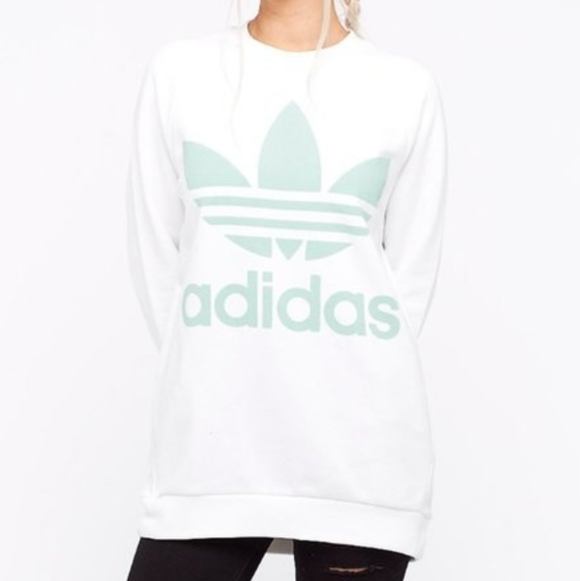 Adidas Women's White Crewneck Sweatshirt with Mint Trefoil Logo - Picture 5 of 12